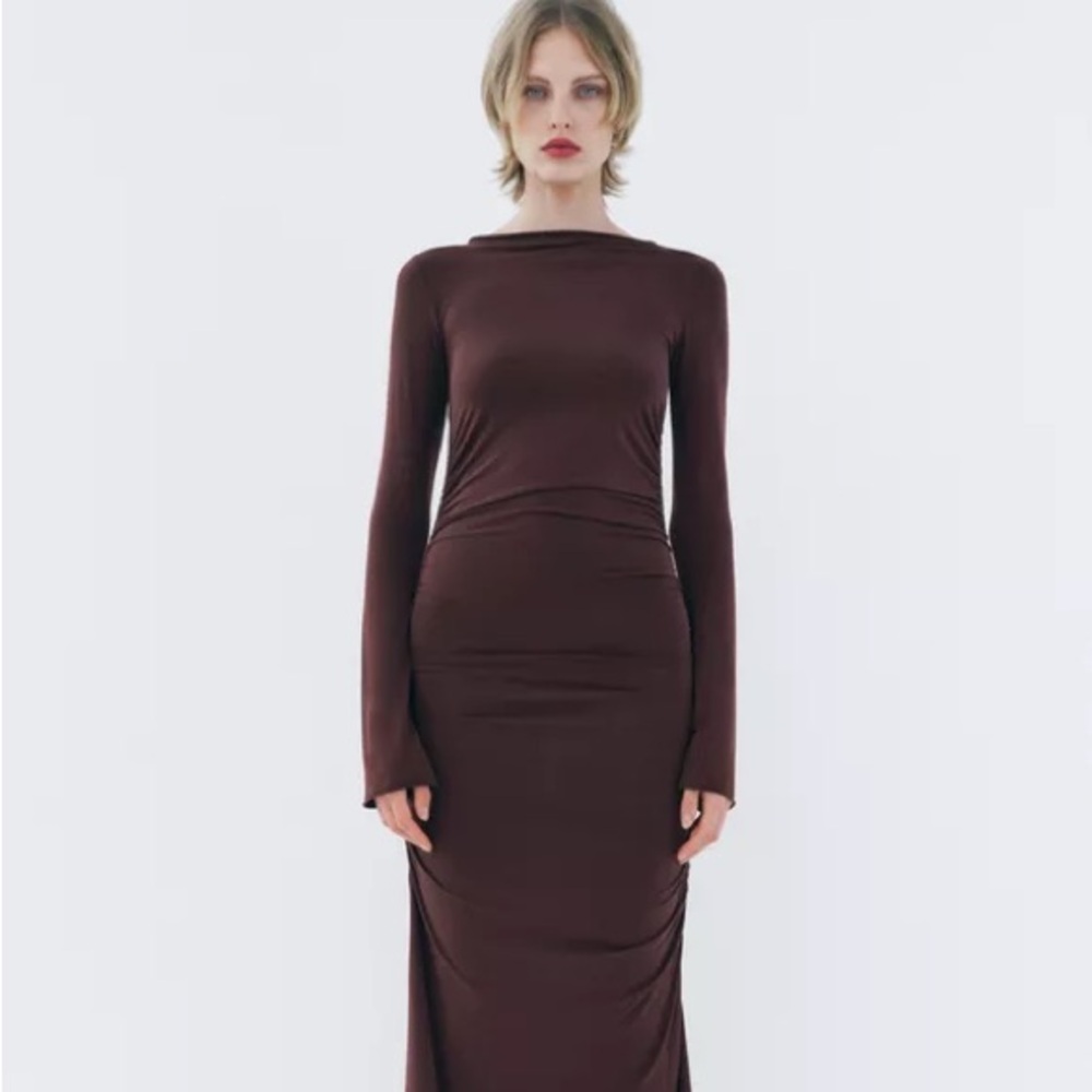 ZARA Brown Burgundy Maxi Dress Bell Sleeve - Small